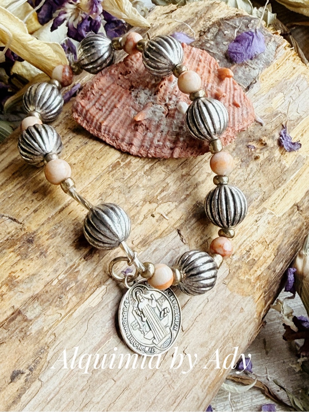 Peach Beaded Saint Benedict Medal Bracelet - Peach and Silver
